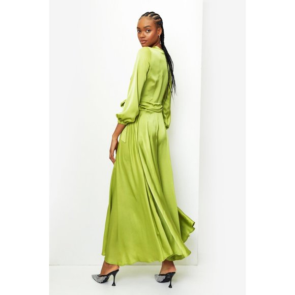 Nasty Gal Satin Balloon Sleeve Wrap Maxi Dress Size 4 Avocado Green - Picture 3 of 4